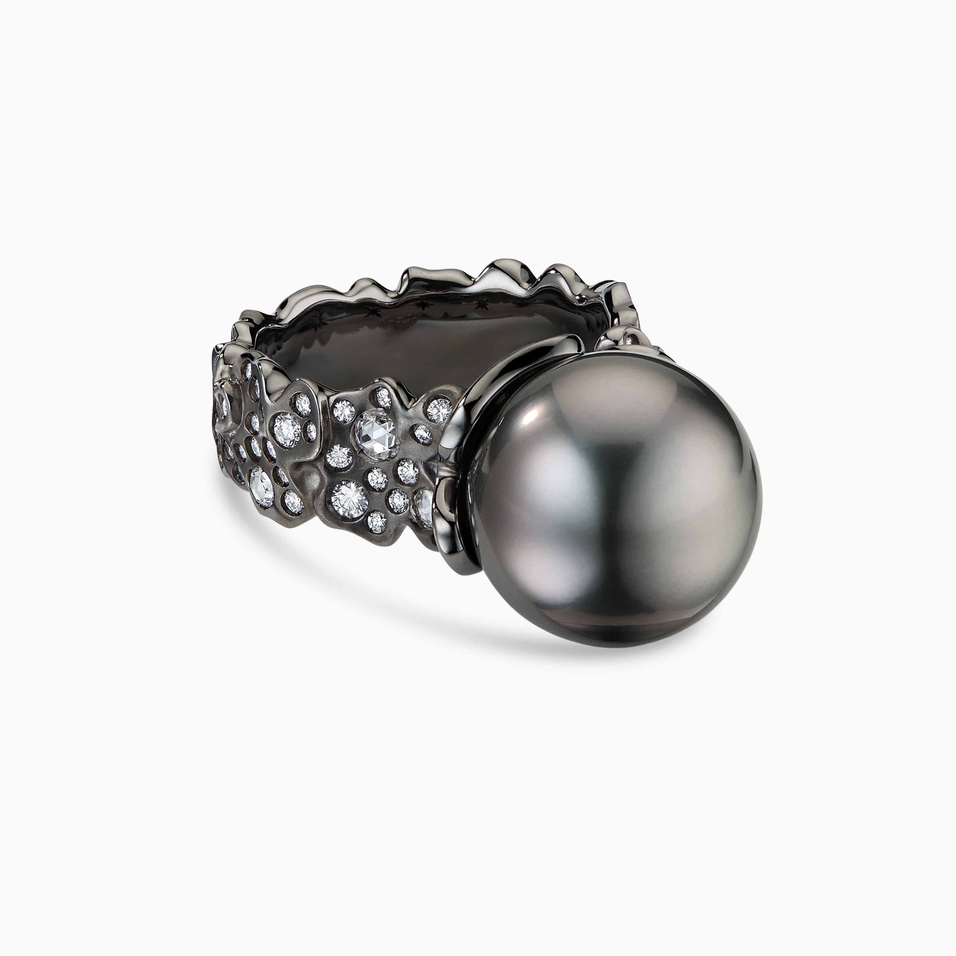 Womens Petals and Tahitian Grey Pearl Ring in White Gold with Rhodiated Black and Diamonds