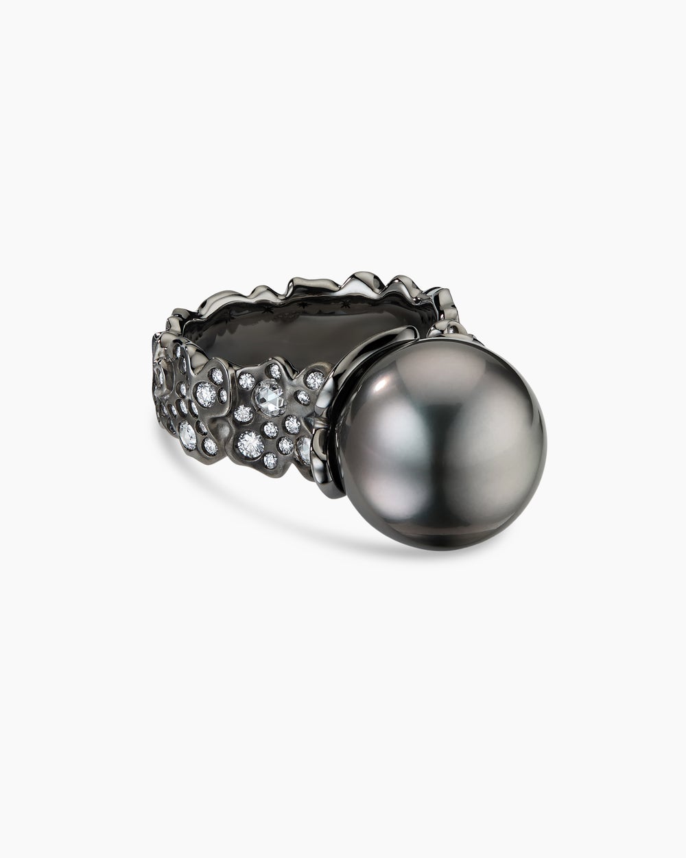 Womens Petals and Tahitian Grey Pearl Ring in White Gold with Rhodiated Black and Diamonds