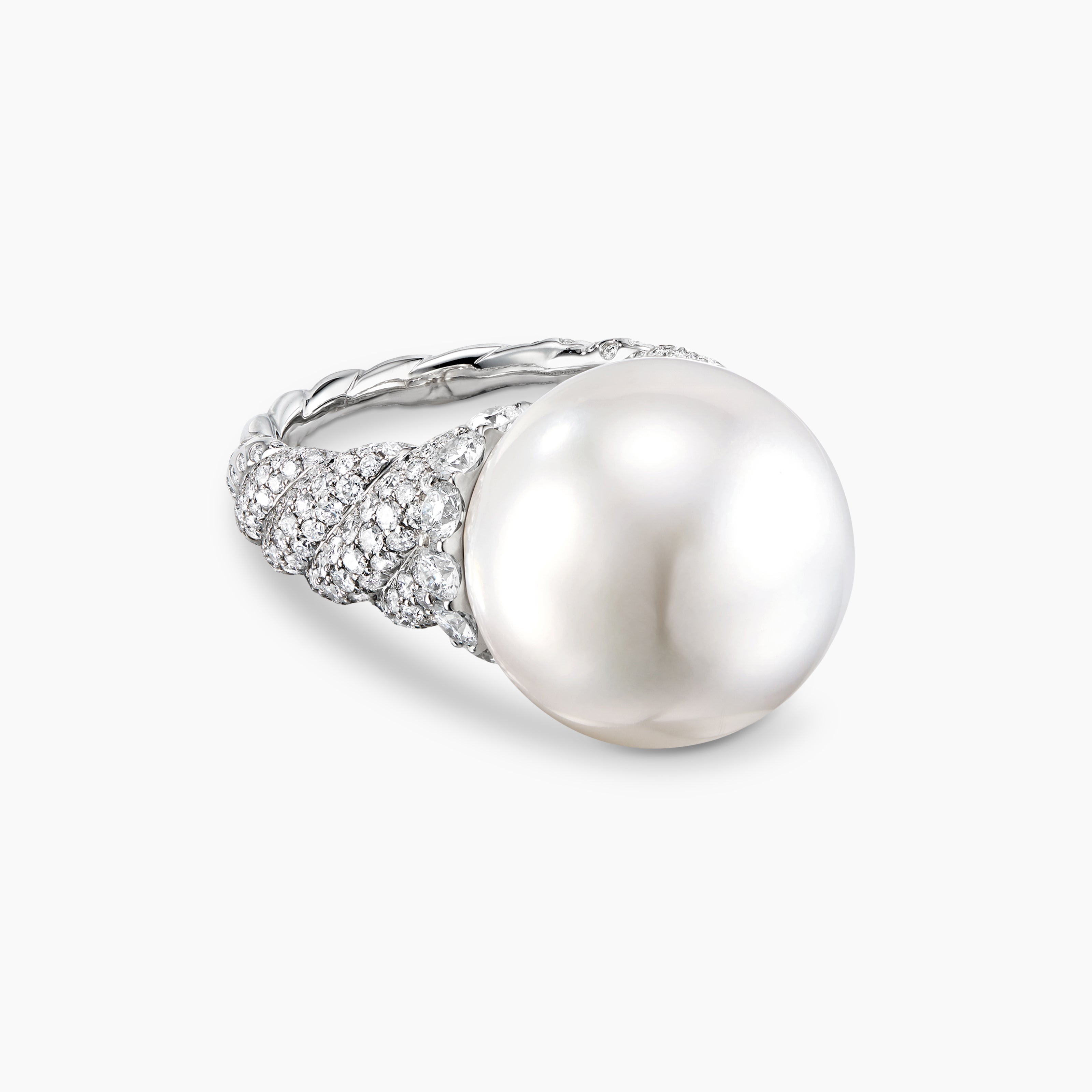 Womens DY Lumina South Sea White Pearl Sculpted Cable Ring in White Gold with Diamonds