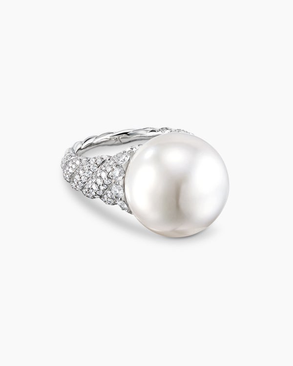 DY Lumina South Sea White Pearl Sculpted Cable Ring in White Gold with Diamonds