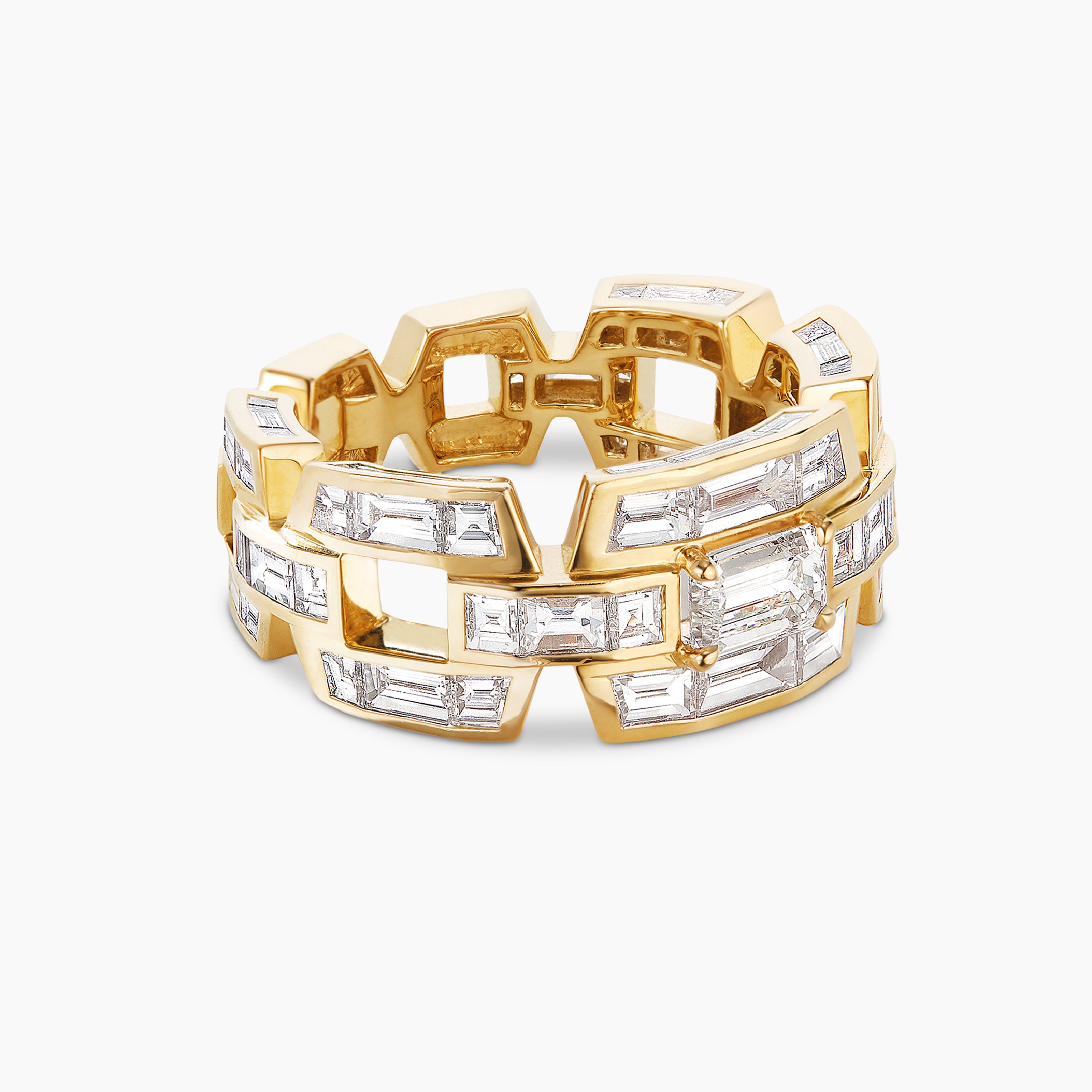 Womens Deco Link Ring in Yellow Gold with Diamonds