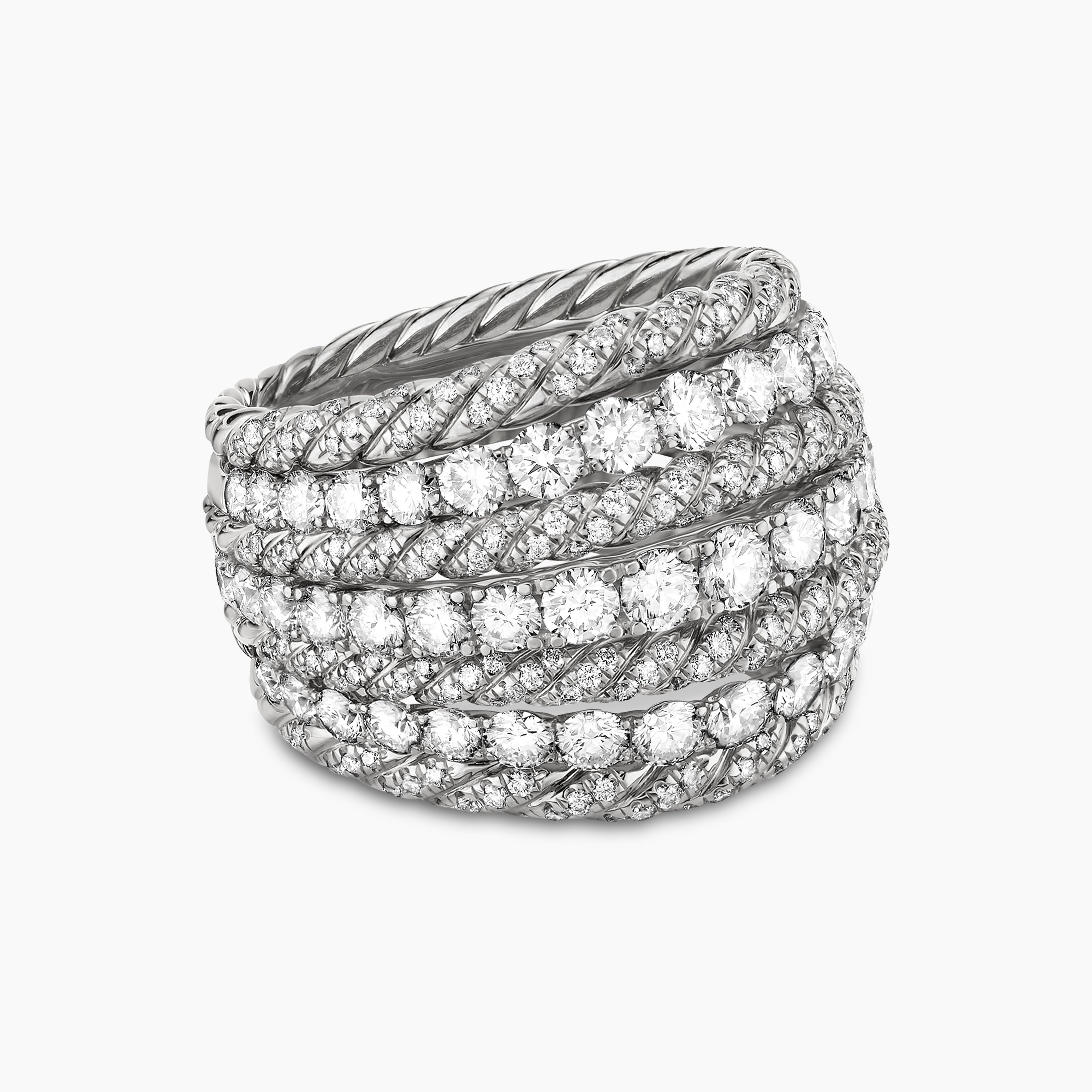 Womens Floating Diamonds Alternating Cable Dome Ring in White Gold