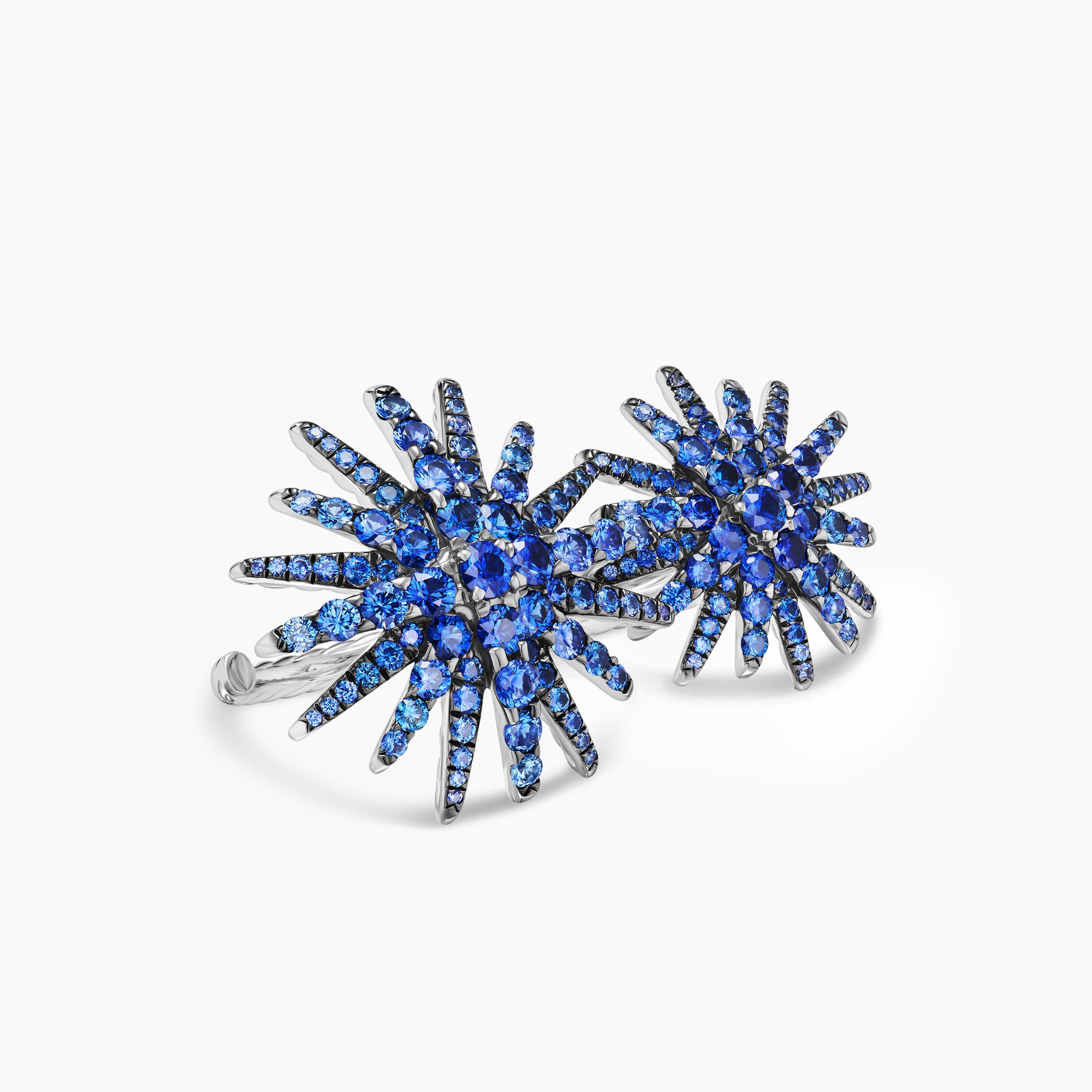 Womens Starburst Two Finger Ring in White Gold with Sapphires