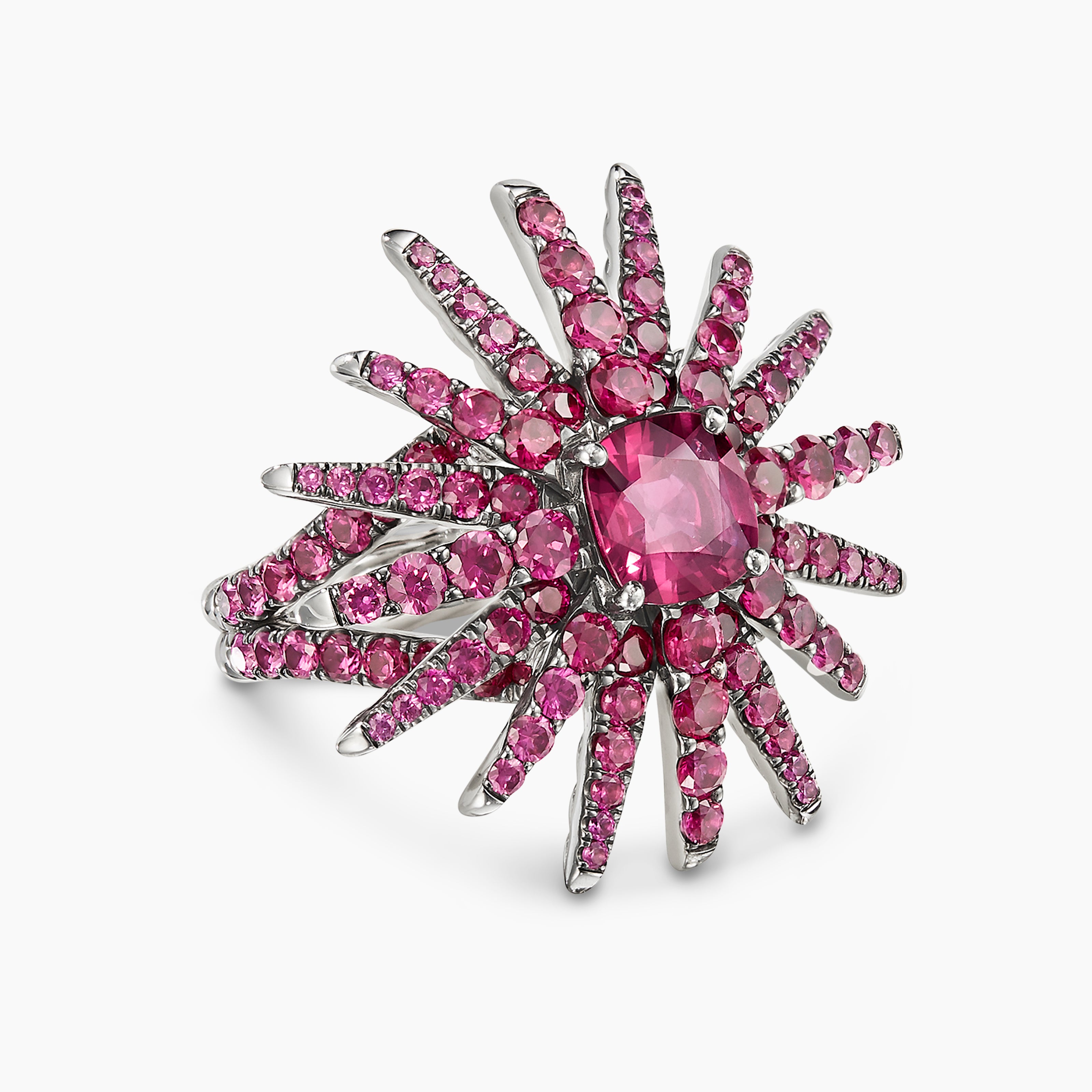 Womens Starburst Ring in White Gold with Ruby and Pav&eacute; Pink Sapphires