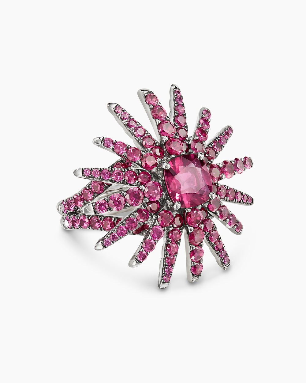 Womens Starburst Ring in White Gold with Ruby and Pavé Pink Sapphires