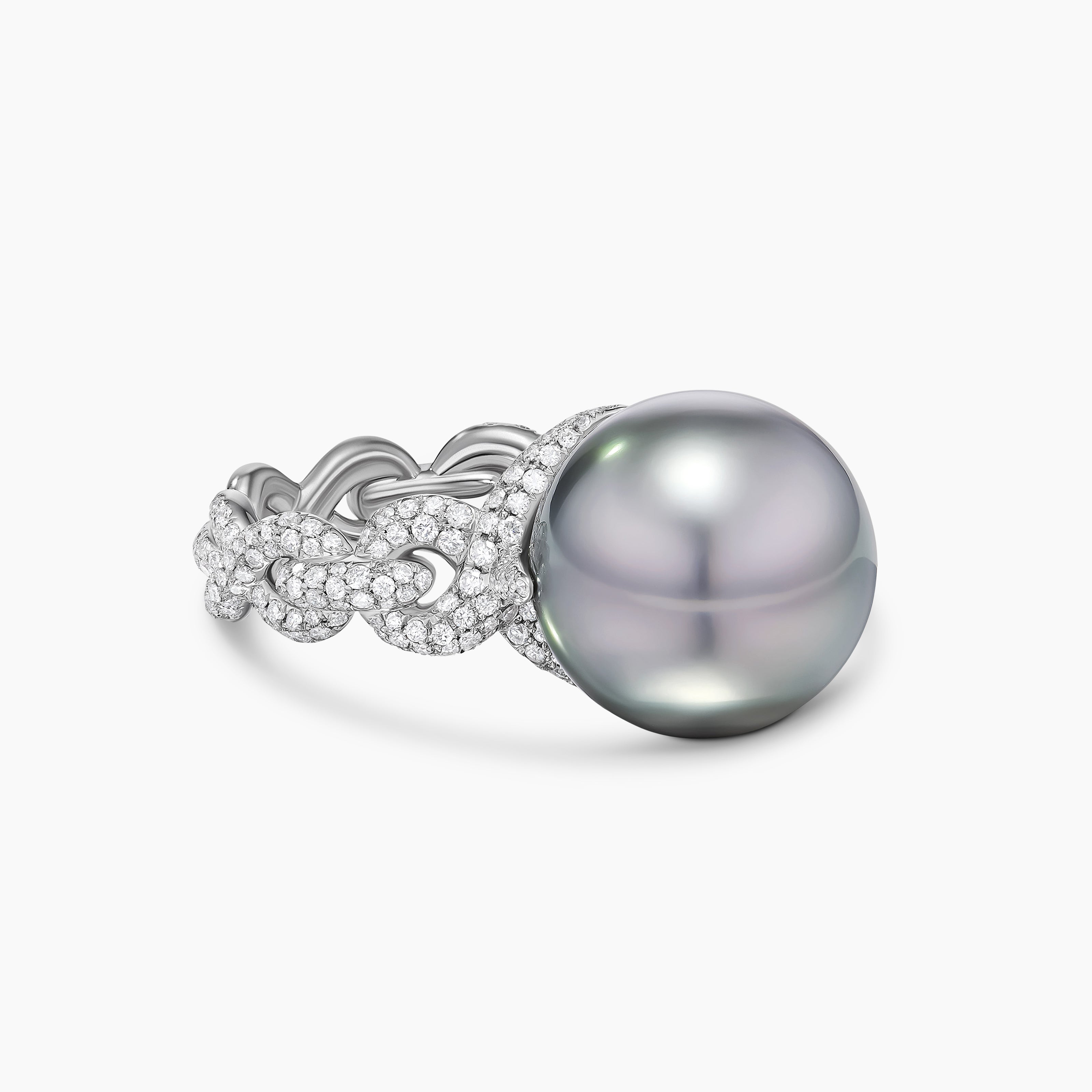 Womens DY Lumina Tahitian Grey Pearl Pav&eacute; Twist Ring in White Gold with Diamonds