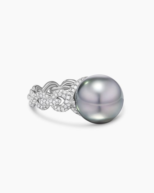 Bague torsadée Pavé à perle grise de Tahiti DY Lumina en or blanc avec diamants femmes