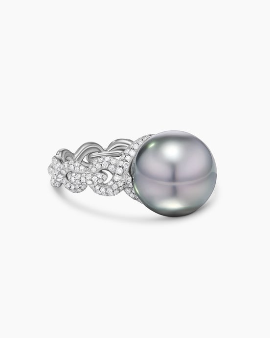 DY Lumina Tahitian Grey Pearl Pavé Twist Ring in White Gold with Diamonds