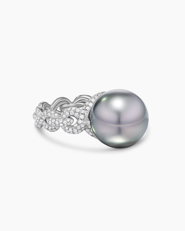 DY Lumina Tahitian Grey Pearl Pavé Twist Ring in White Gold with Diamonds