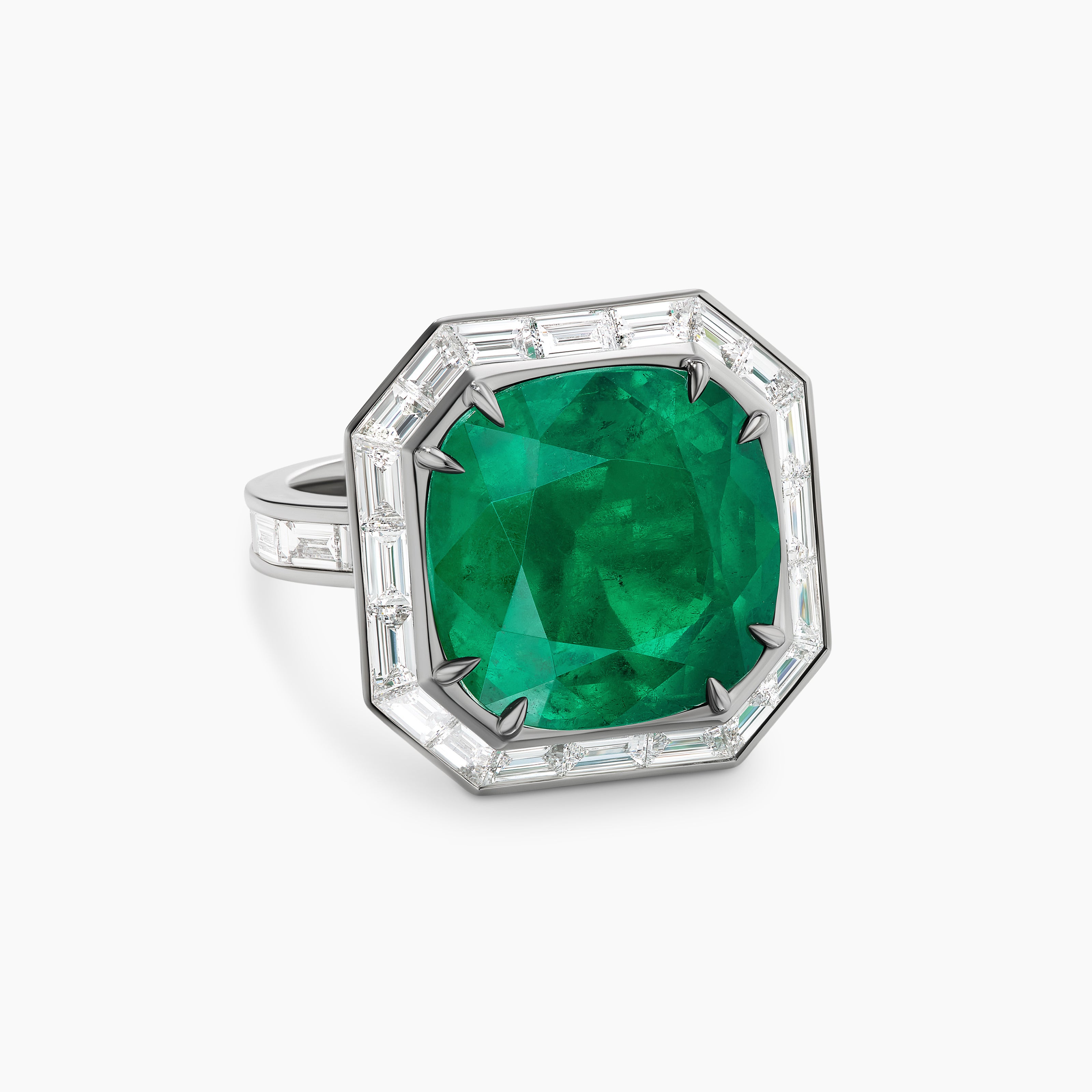 Womens Deco Emerald Cut Ring in White Gold with Baguette Diamonds