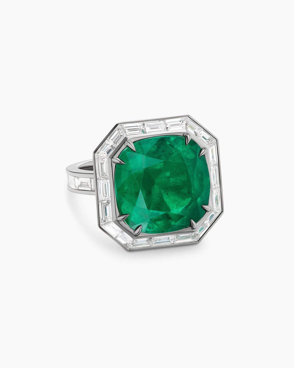 Womens Deco Emerald Cut Ring in White Gold with Baguette Diamonds
