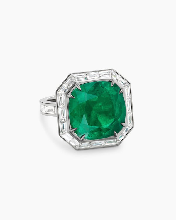 Deco Emerald Cut Ring in White Gold with Baguette Diamonds