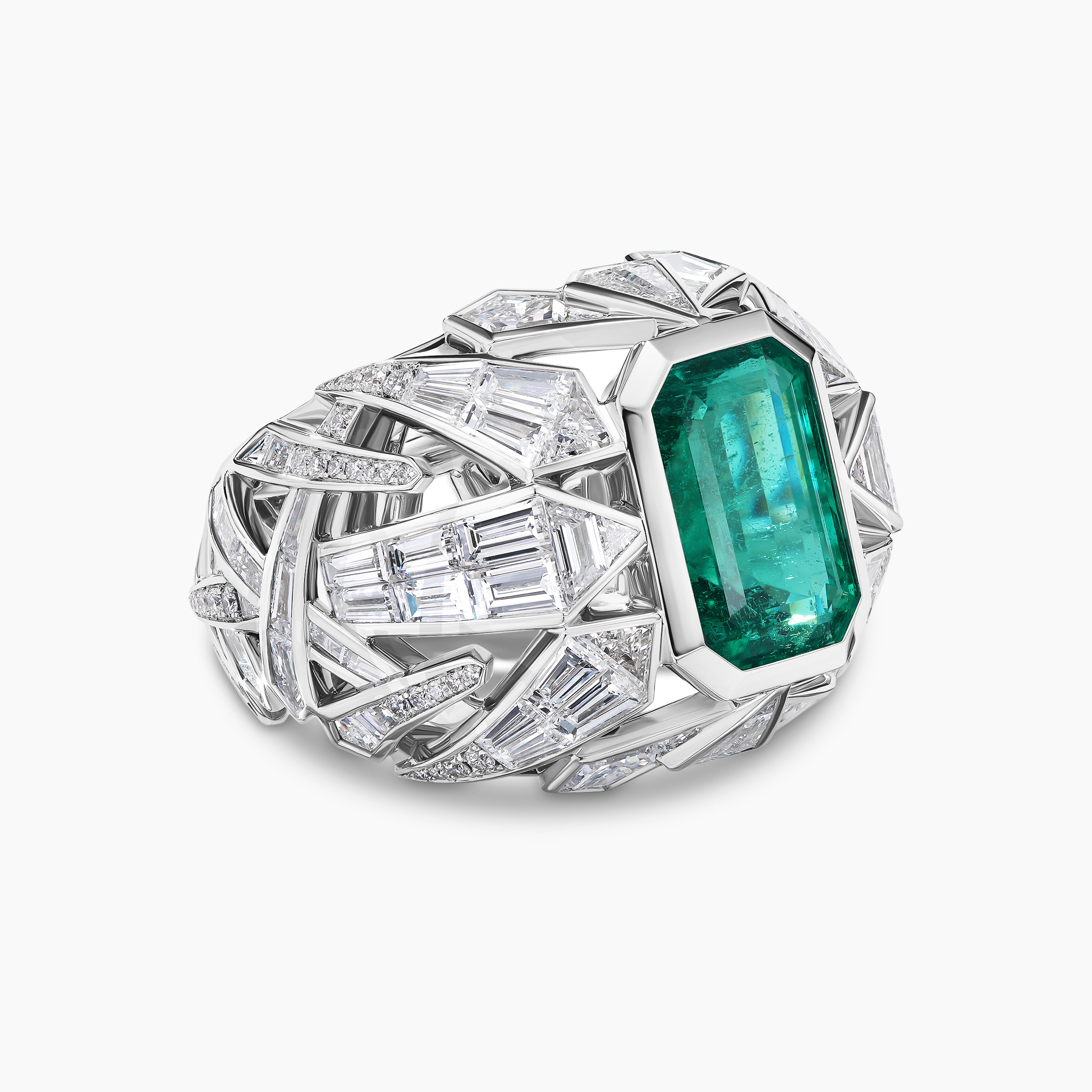 Womens Liberty Dome Ring in White Gold with Emerald and Diamonds