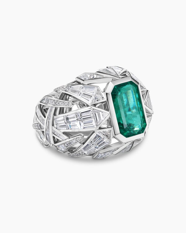Liberty Dome Ring in White Gold with Emerald and Diamonds