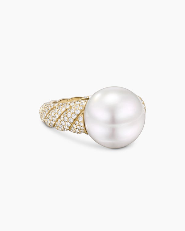 DY Lumina South Sea White Pearl Sculpted Cable Ring in Yellow Gold with Diamonds