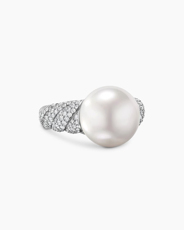 DY Lumina South Sea White Pearl Sculpted Cable Ring in White Gold with Diamonds