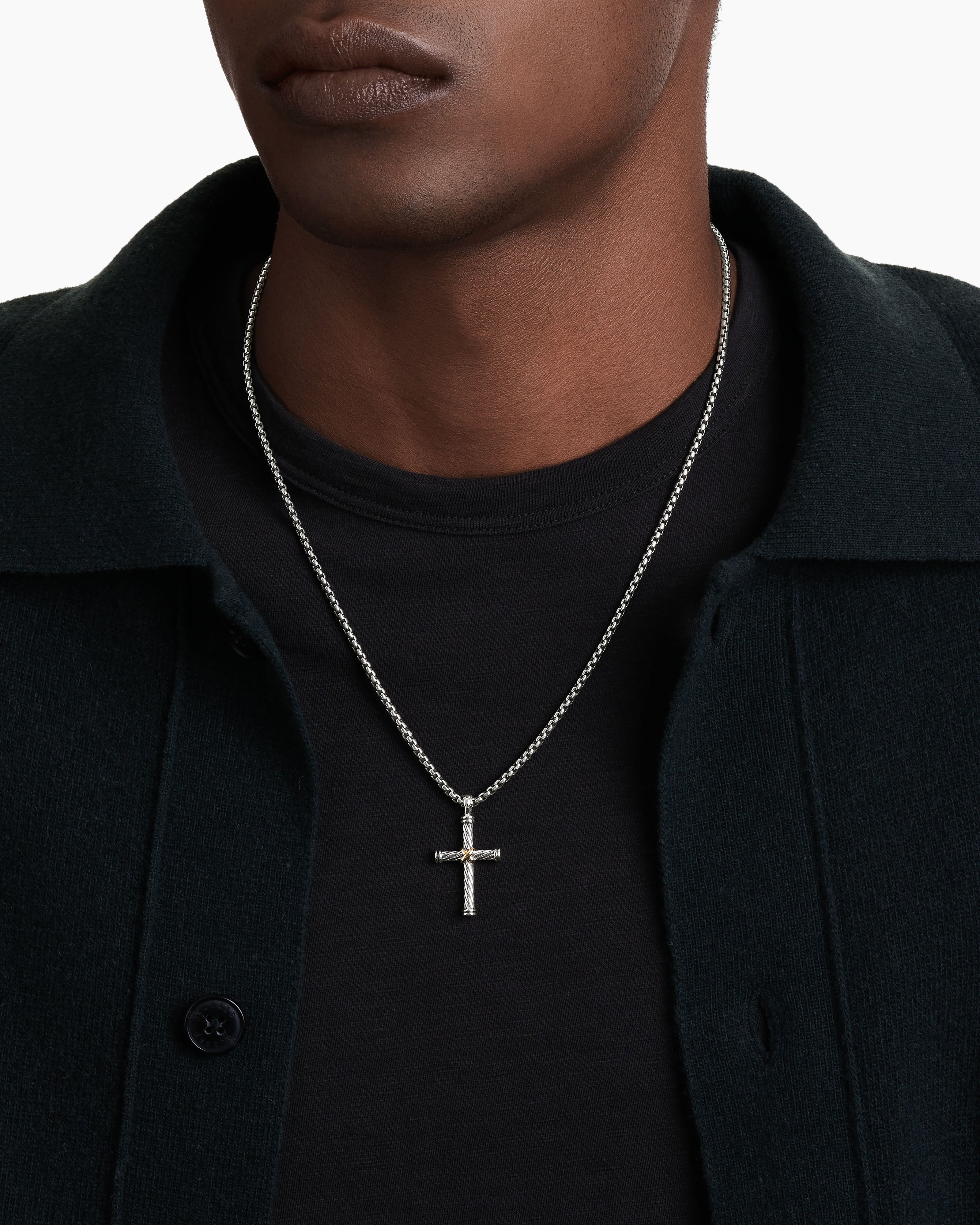 Cable Cross Pendant in Sterling Silver with 18K Yellow Gold, 35mm