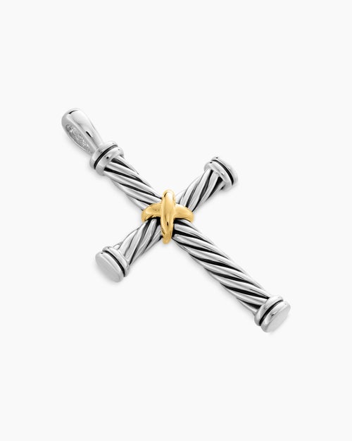 Mens Cable Cross Pendant in Sterling Silver with 18ct Yellow Gold, 35mm