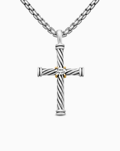 Mens Cable Cross Pendant in Sterling Silver with 18K Yellow Gold, 35mm