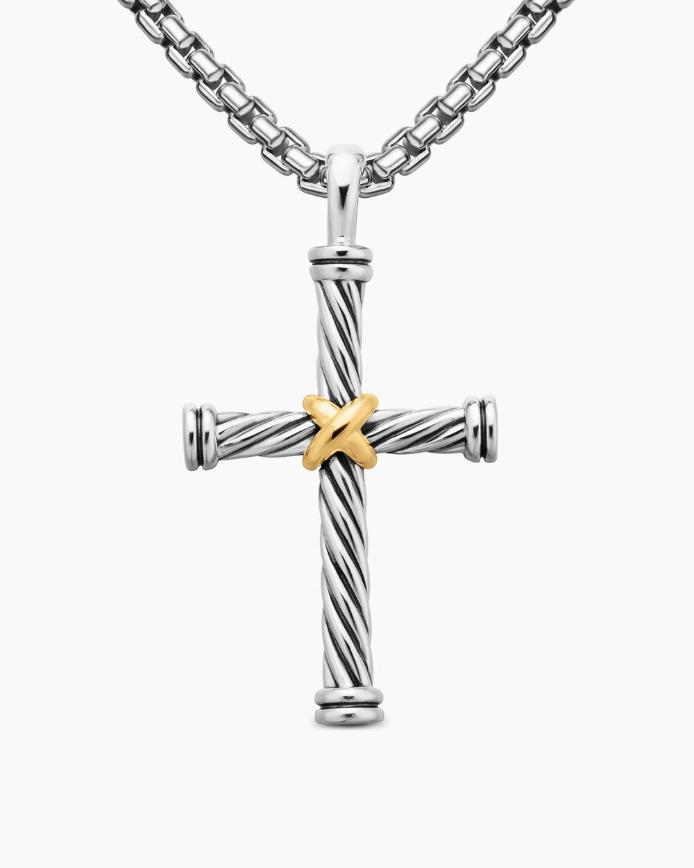 Mens Cable Cross Pendant in Sterling Silver with 18K Yellow Gold, 35mm