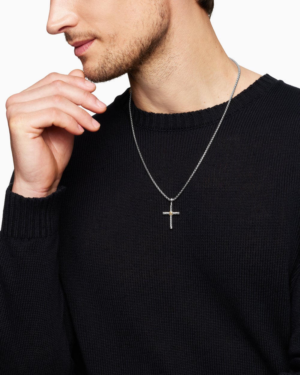 Mens Cable Cross Pendant in Sterling Silver with 18K Yellow Gold, 35mm