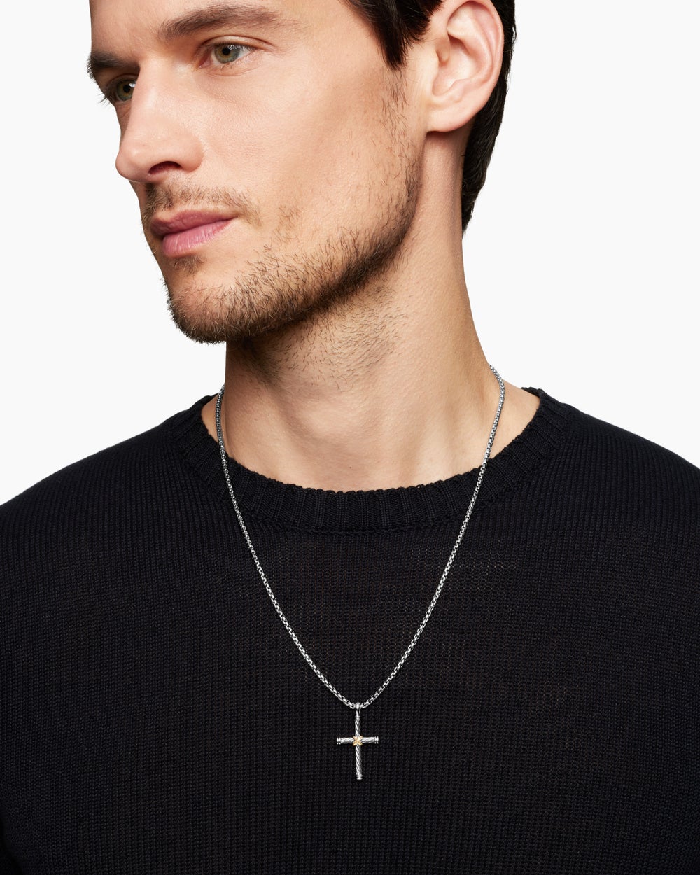 Mens Cable Cross Pendant in Sterling Silver with 18K Yellow Gold, 35mm