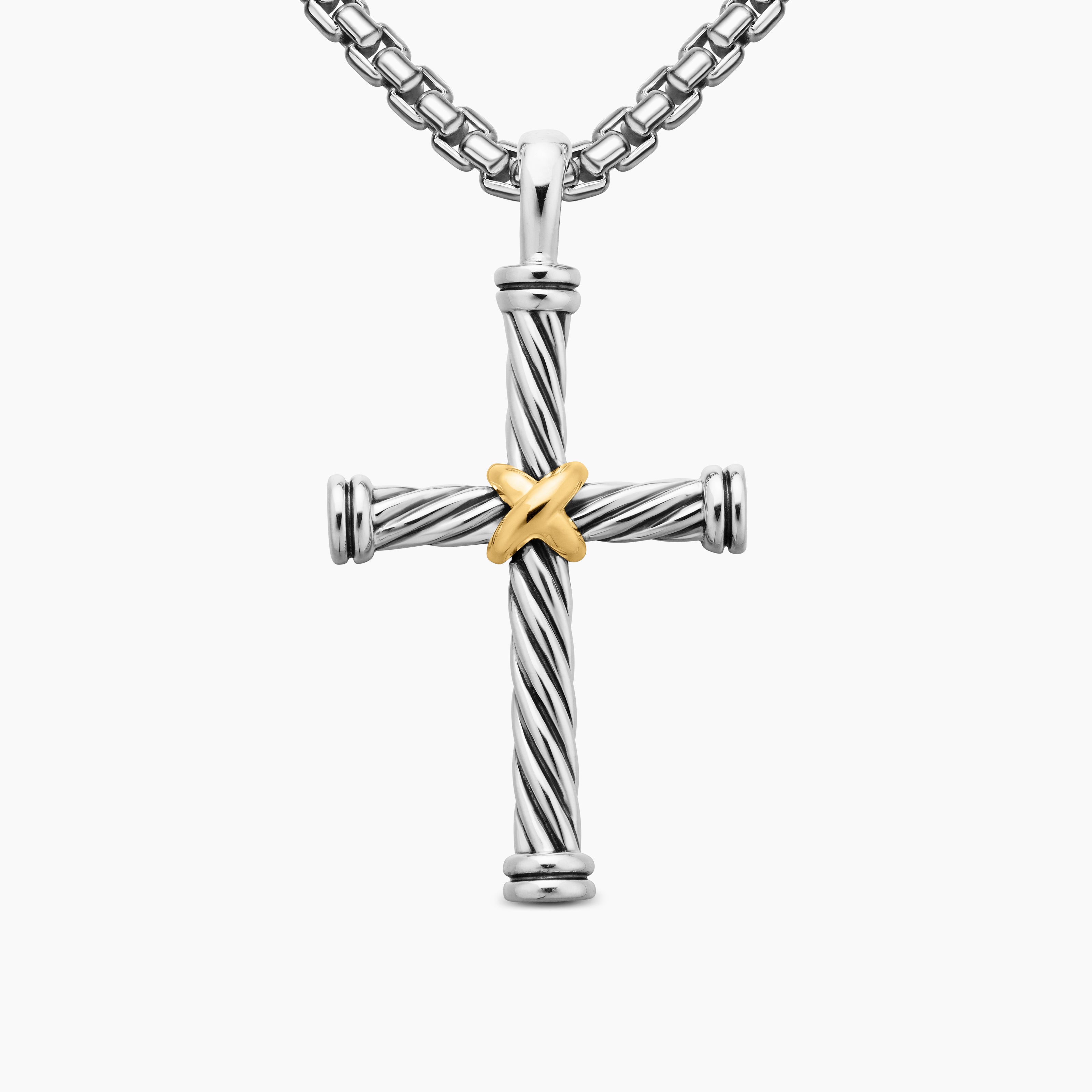 Mens Cable Cross Pendant in Sterling Silver with 18K Yellow Gold, 35mm
