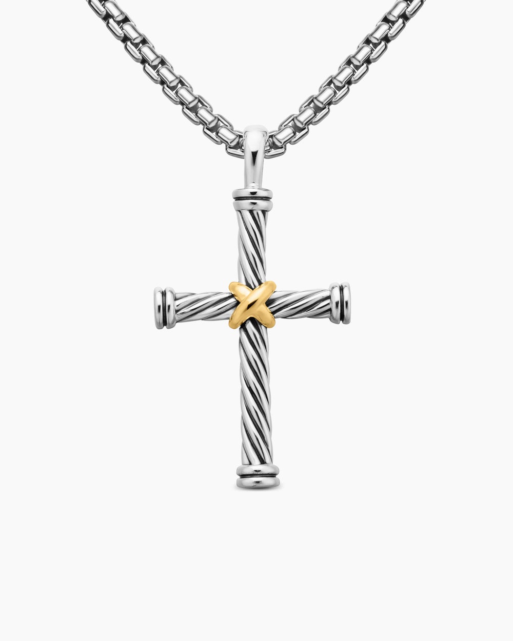 Mens Cable Cross Pendant in Sterling Silver with 18K Yellow Gold, 35mm