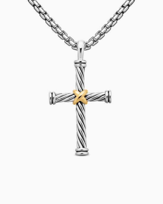 Cable Cross Pendant in Sterling Silver with 18K Yellow Gold, 35mm