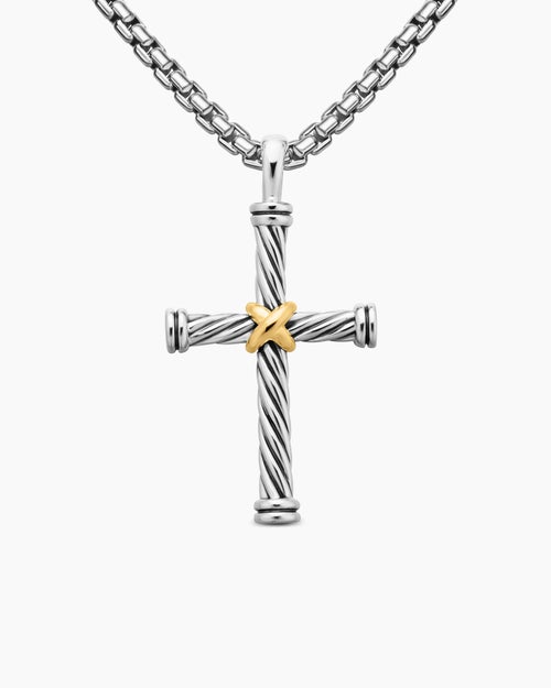 Mens Cable Cross Pendant in Sterling Silver with 18ct Yellow Gold, 35mm