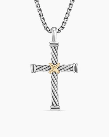 Cable Cross Pendant in Sterling Silver with 18K Yellow Gold, 35mm