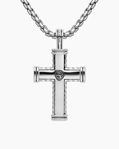 Mens Chevron Cross Pendant in Sterling Silver with Black Diamonds, 41.5mm