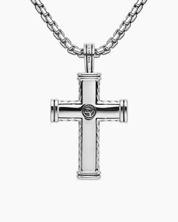 Chevron Cross Pendant in Sterling Silver with Black Diamonds, 41.5mm