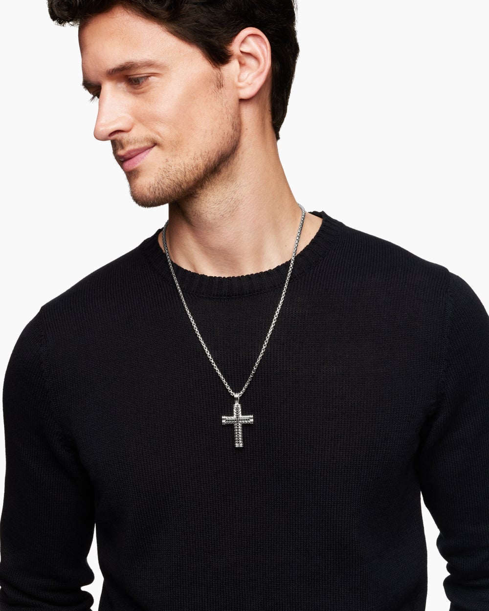 Mens Chevron Cross Pendant in Sterling Silver with Black Diamonds, 41.5mm