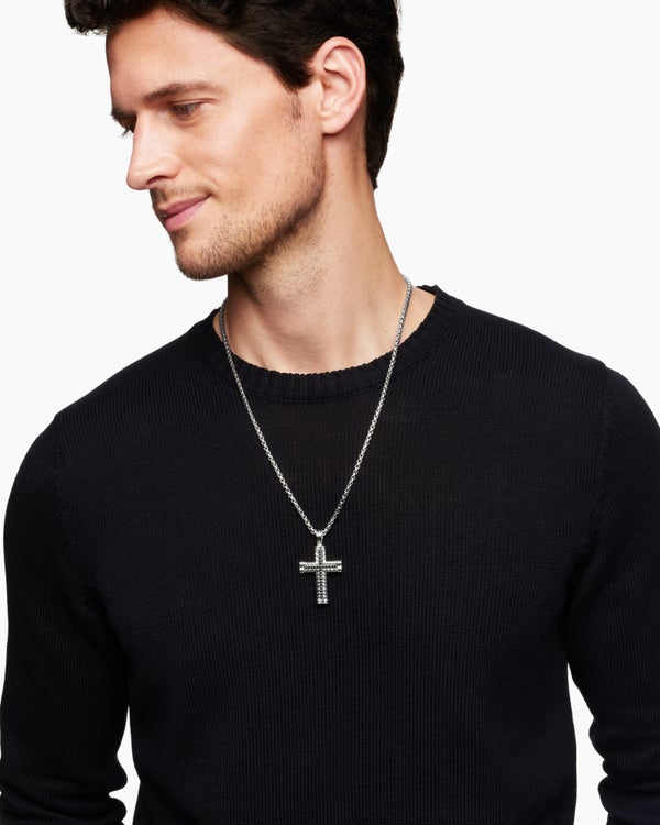 Chevron Cross Pendant in Sterling Silver with Black Diamonds, 41.5mm