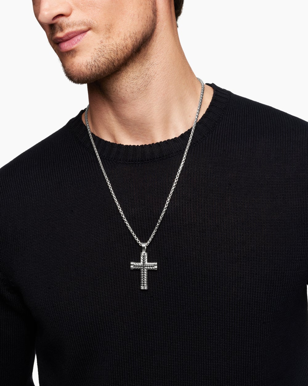 Mens Chevron Cross Pendant in Sterling Silver with Black Diamonds, 41.5mm