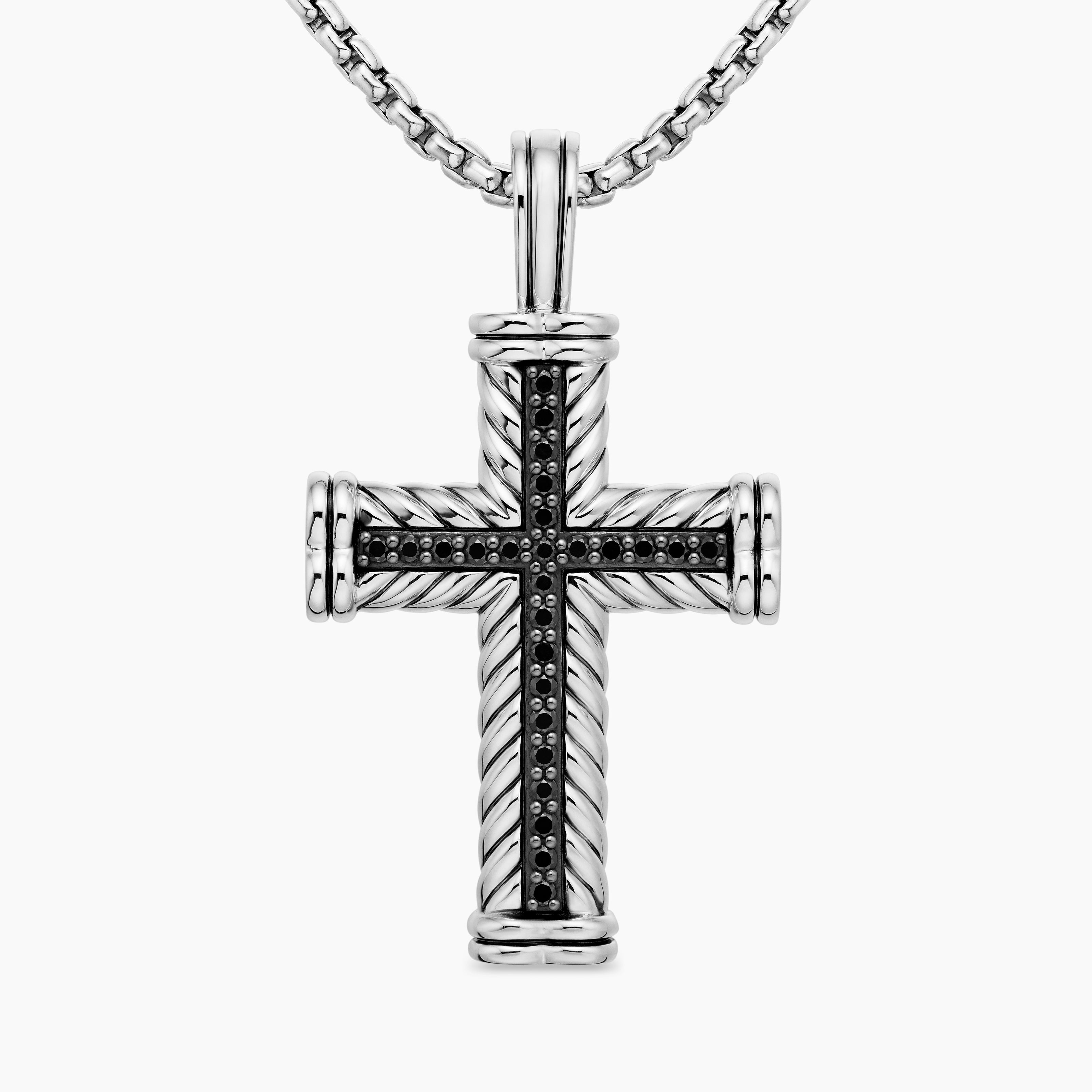Mens Chevron Cross Pendant in Sterling Silver with Black Diamonds, 41.5mm