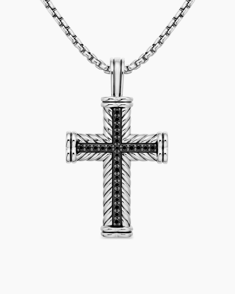 Mens Chevron Cross Pendant in Sterling Silver with Black Diamonds, 41.5mm