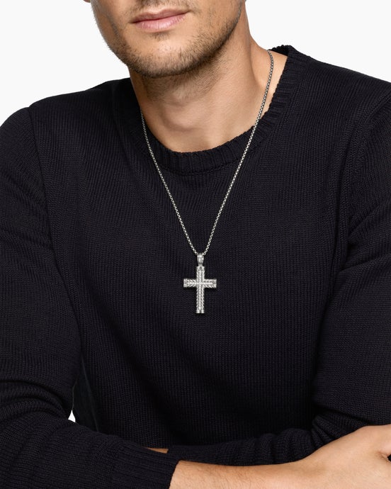 Chevron Cross Pendant in Sterling Silver with Diamonds, 41.5mm