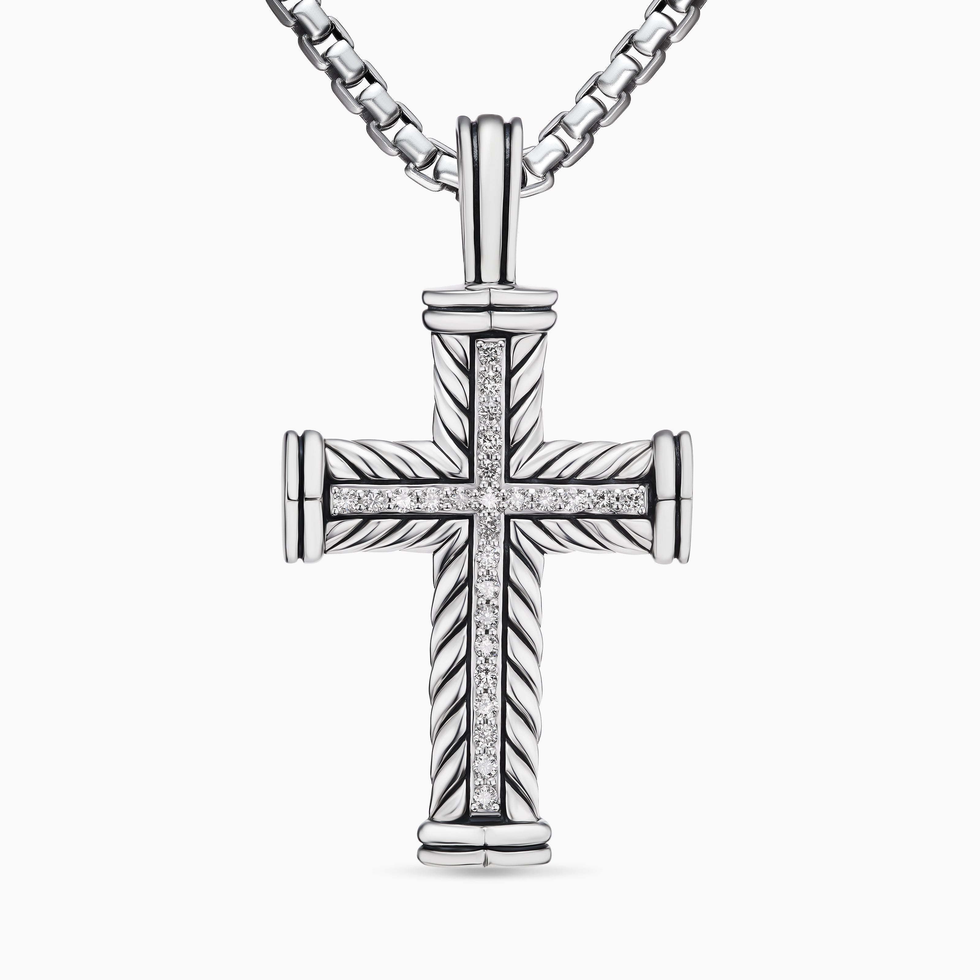 Mens Chevron Cross Pendant in Sterling Silver with Diamonds, 41.5mm