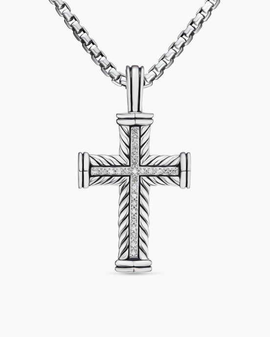 Chevron Cross Pendant in Sterling Silver with Diamonds, 41.5mm