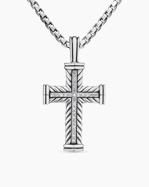 Chevron Cross Pendant in Sterling Silver with Diamonds, 41.5mm