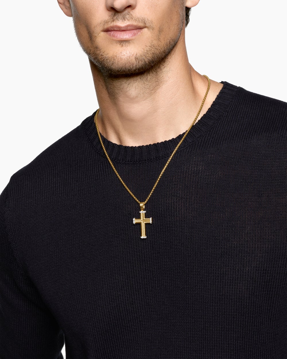 Mens Chevron Cross Pendant in 18K Yellow Gold with Diamonds, 33mm