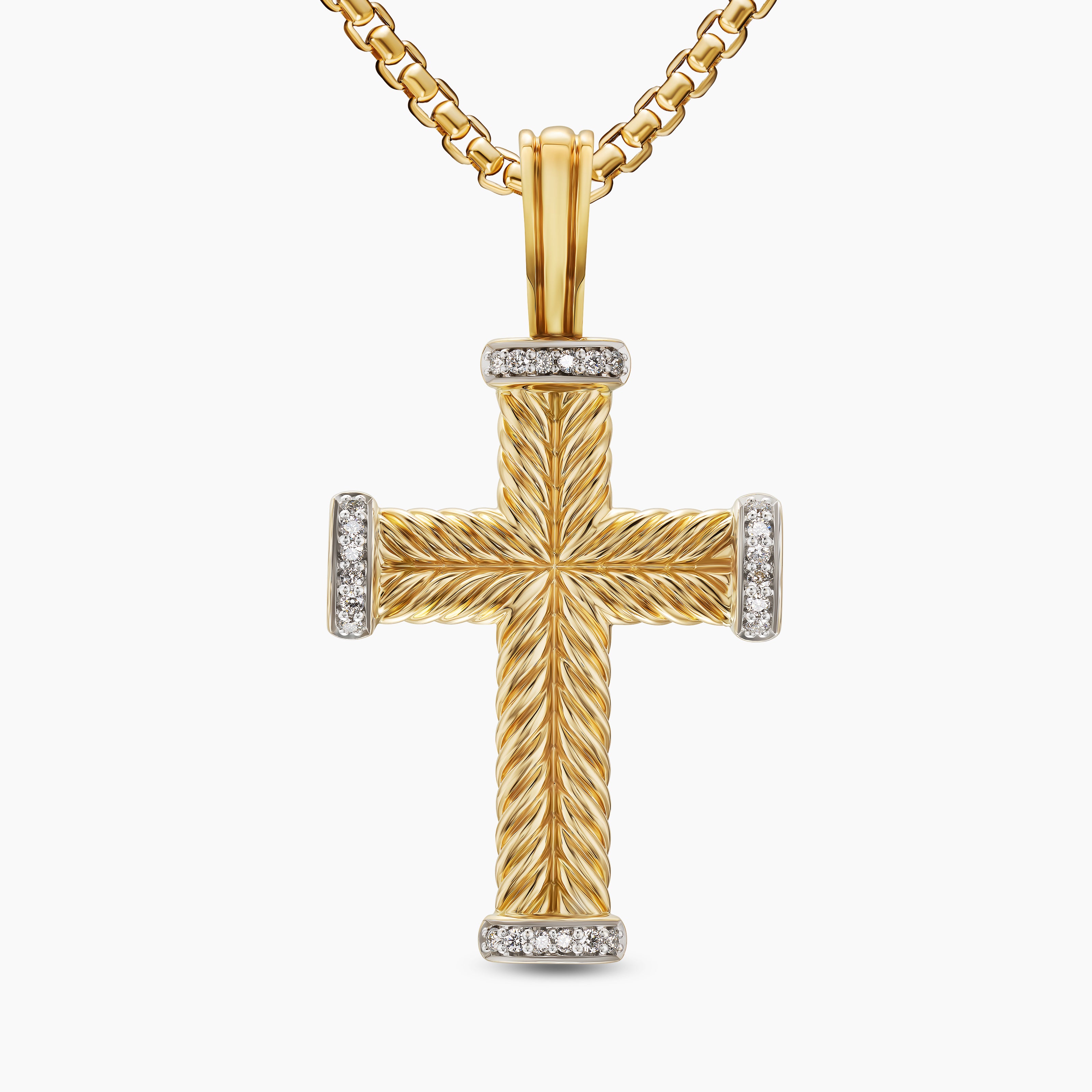 Mens Chevron Cross Pendant in 18K Yellow Gold with Diamonds, 33mm