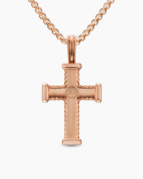 Mens Chevron Cross Pendant in 18K Rose Gold with Cognac Diamonds, 33mm