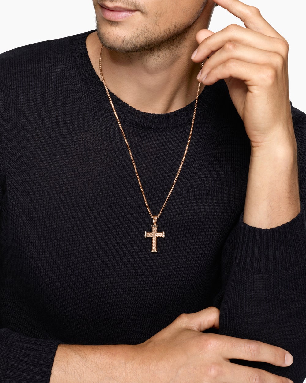 Mens Chevron Cross Pendant in 18K Rose Gold with Cognac Diamonds, 33mm