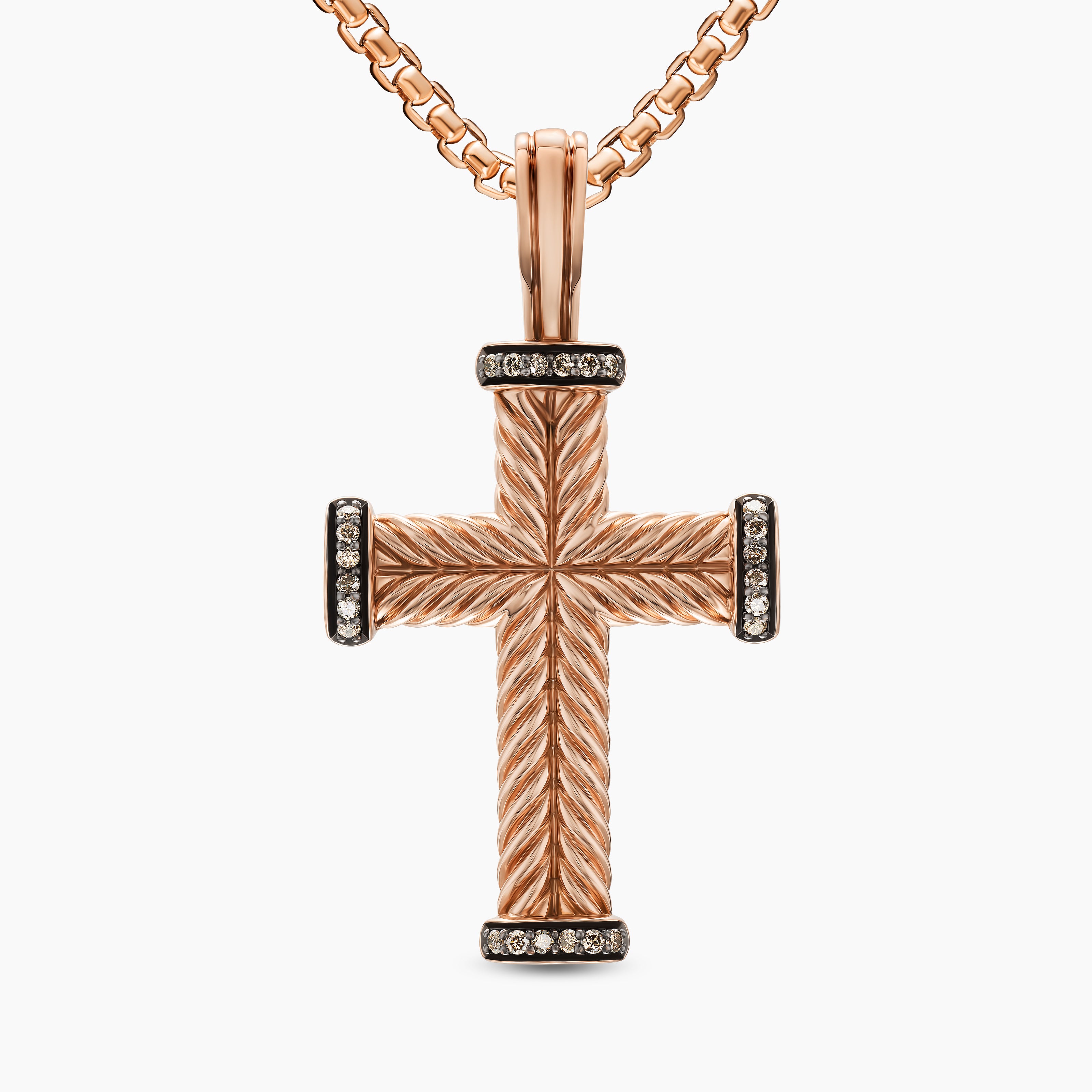 Mens Chevron Cross Pendant in 18K Rose Gold with Cognac Diamonds, 33mm