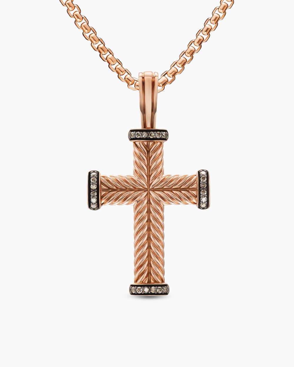 Mens Chevron Cross Pendant in 18K Rose Gold with Cognac Diamonds, 33mm