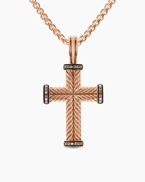 Mens Chevron Cross Pendant in 18K Rose Gold with Cognac Diamonds, 33mm