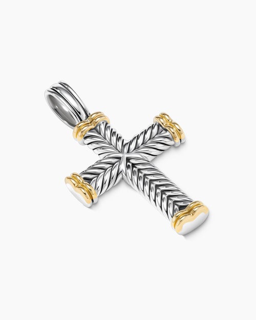 Mens Chevron Cross Pendant in Sterling Silver with 18K Yellow Gold, 33mm